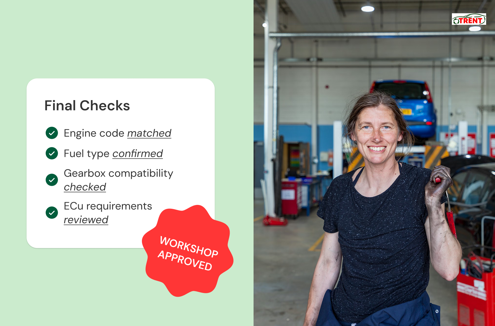 Workshop mechanic with a final inspection checklist covering engine code, fuel type, gearbox compatibility, and ECU requirements.